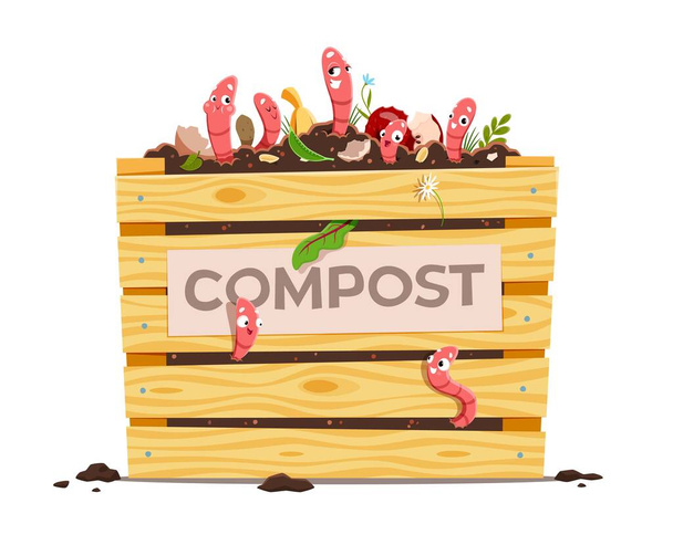 Komposti puulaatikko hauska sarjakuva maa matoja, jätteet ja maaperän maahan. Vermikompostointi, humuskompostointi ympäristöystävällinen prosessi. Orgaanisesta jätekasasta laatikossa törröttävät eristetyt vektorimadot - Vektori, kuva