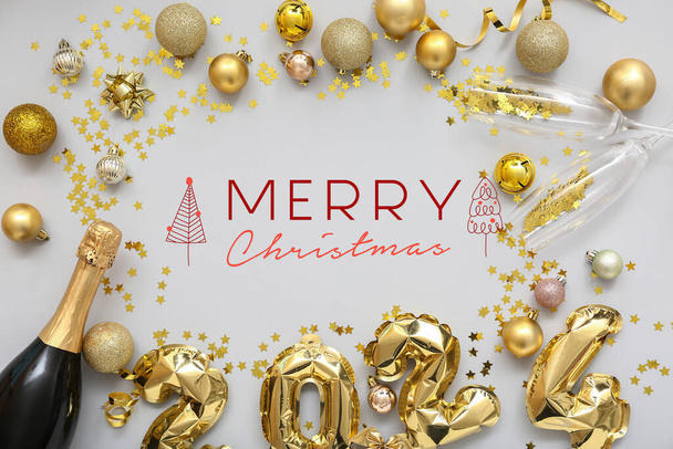 Bellissimo biglietto di auguri natalizio con champagne, palloncini e decorazioni - Foto, immagini