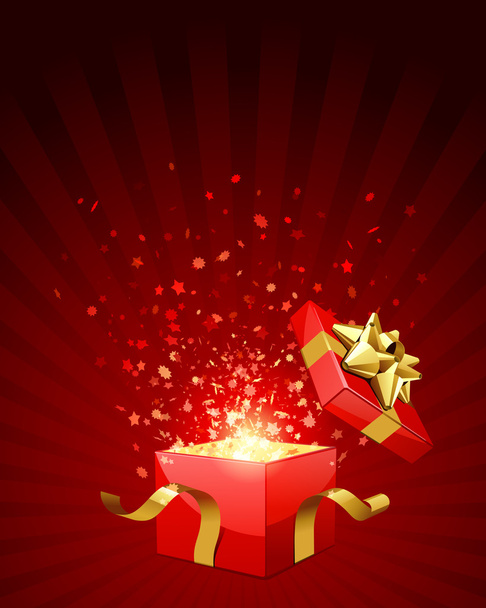 Open red explore gift with fly stars - Vector, Imagen