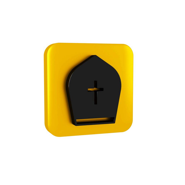 Sombrero Papa negro icono aislado sobre fondo transparente. Signo de sombrero cristiano. Botón cuadrado amarillo.. - Foto, Imagen