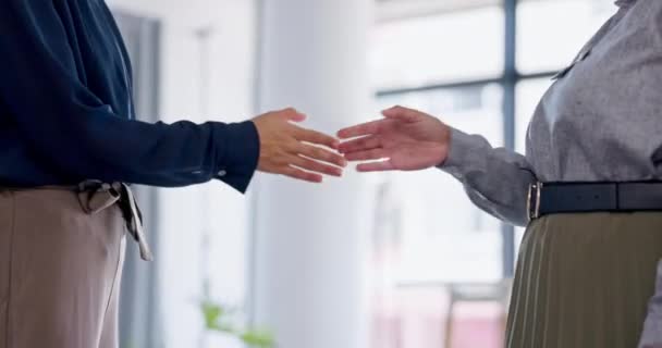Fist bump, hand shake and business people in fun, casual meeting or hello and congratulations in office. Work, funny friends and shaking hands in support of b2b deal, onboarding or goal success. - Footage, Video