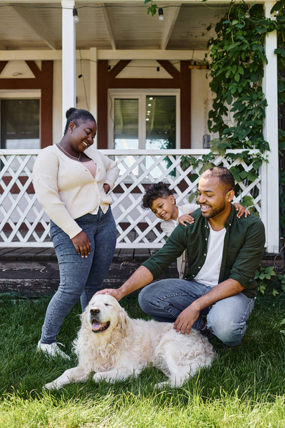 cheerful african american family playing with dog on backyard of their house, quality time - Foto, afbeelding