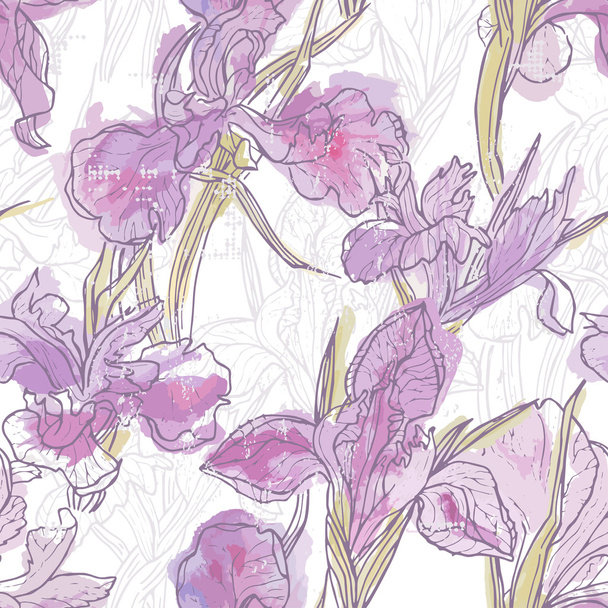 Hand made watercolor iris flowers seamless pattern - Vector, imagen