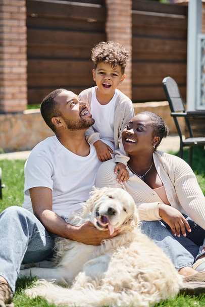 幸せなアフリカ系アメリカ人の両親と息子の質の高い時間 笑顔と犬の近くの草の上に座って - 写真・画像