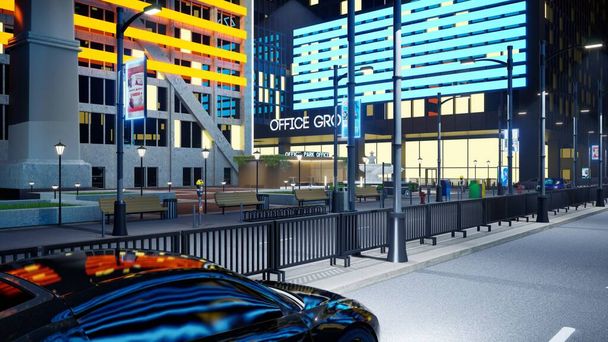 Ночь в центре города дороги с автомобилями в движении проезжая мимо корпоративных офисных зданий. Городская среда с эспланадами, подсвеченными фонарными столбами, 3D-анимация - Фото, изображение
