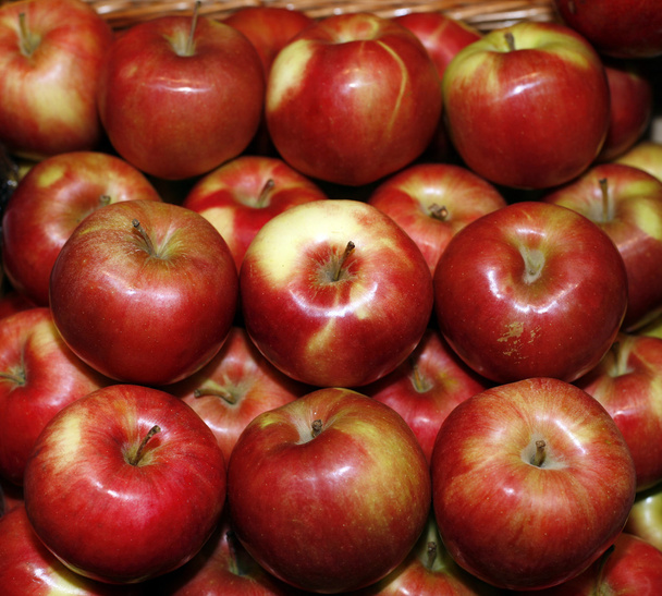 Grupo de maçãs vermelhas em linha
 - Foto, Imagem