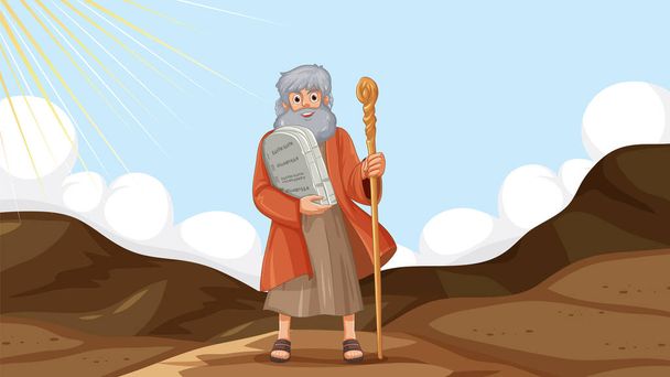 Religieuze Mozes Bijbel Verhaal Scène met spotprent Characte - Vector, afbeelding