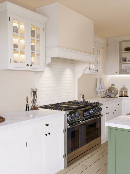 Keuken interieur met een nadruk op de oven en fornuis met kap. Keuken interieur met huishoudelijke apparaten en keukengerei. 3D-weergave - Foto, afbeelding