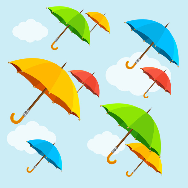 Vector colorful umbrellas fly with clouds. Flat Design - Вектор,изображение