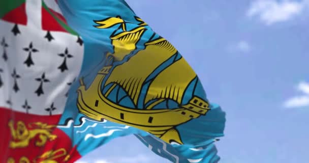 Close-up van de vlag van Saint Pierre en Miquelon wapperend in de wind op een heldere dag. Franse overzeese gemeenschap. Naadloze 3d renderen animatie lus. Langzame beweging. Selectieve focus - Video