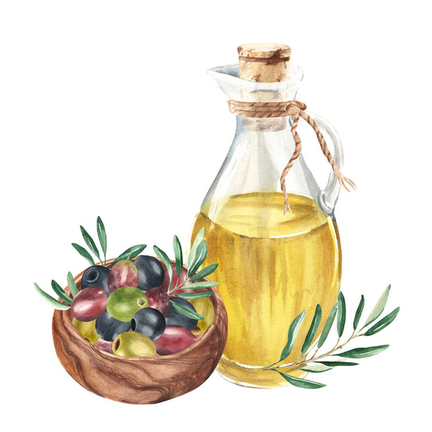 Složení skleněného džbánu s olivovým olejem, olivami a olivovými ratolestmi v dřevěné míse z bočního pohledu izolované na bílém pozadí. Ručně kreslený akvarel ilustrace. Pro menu, produkt a italský, řecký - Fotografie, Obrázek