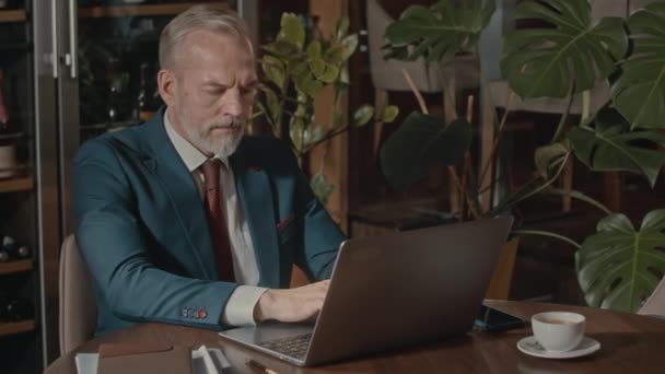 Kafkas sakallı, takım elbiseli bir iş adamının restoran masasında oturmuş dizüstü bilgisayarının klavyesinde otururken belini kaldırması. - Video, Çekim