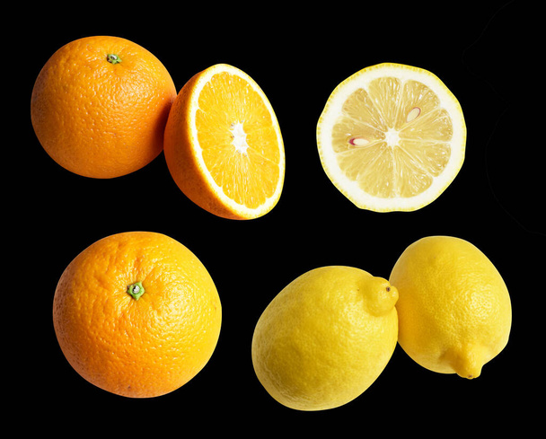 黒い背景のクリッピングパスで隔離された黄色いレモンおよびオレンジのフルーツ,影,健康なフルーツのスライス - 写真・画像