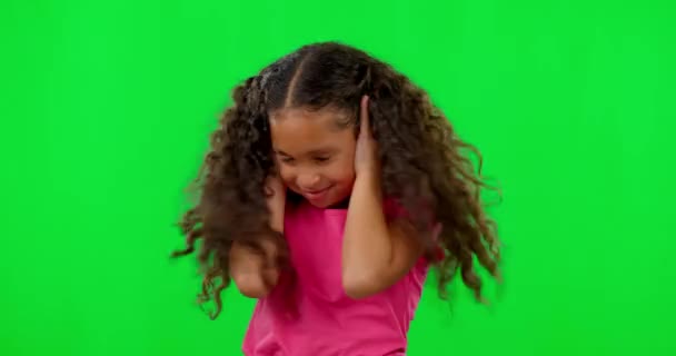 Green screen, shake head and girl child with no, eyes closed or rejection gesture on mockup background. Frustrated, kid and female person with body language, attitude or bad behavior, refuse or fail. - Footage, Video