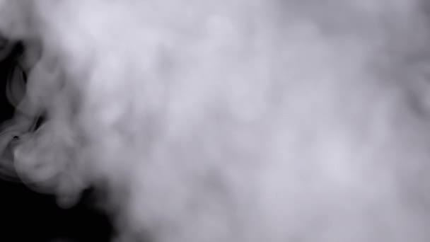 Pluimen van dikke ijzige wolken van rook of stoom vullen de ruimte in wazige beweging. Draaien van zachte witte krullen van wolken rook uit vape, sigaretten oplossen op een zwarte achtergrond. Textuur. Volledig frame. - Video