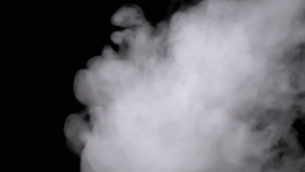 Esplosione di una nuvola di fumo bianca su sfondo nero. Un turbinio di morbidi riccioli bianchi di nuvole di fumo sigarette, vapore e gas si dissolvono su sfondo sfocato. Texture. Spazio. - Filmati, video
