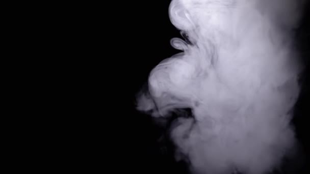 White Ice Cloud of Thick Smoke si dissolve su uno sfondo nero nello spazio vuoto. Moto offuscata. Astratto, isolato. Texture. Nebbia cadente, sbuffi di vapore, azoto liquido. Fumare un narghilè, una sigaretta. - Filmati, video