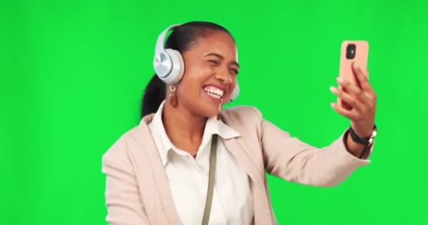 Green screen, video call and woman dance while streaming music in a studio, happy and celebrating on mockup background. Virtual, party and happy female dancing to live event, podcast or online radio. - Footage, Video