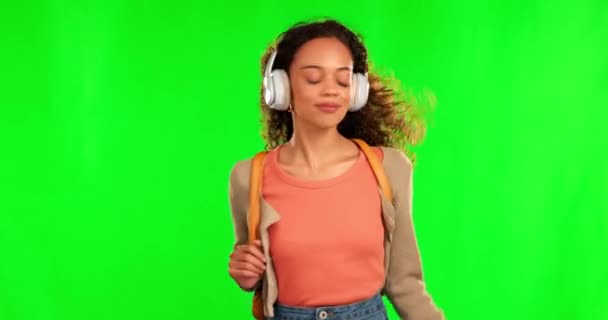 Green screen, phone notification and happy woman on walk, morning commute or student check direction, route or digital map. Music, location announcement and chroma key person on studio background. - Footage, Video