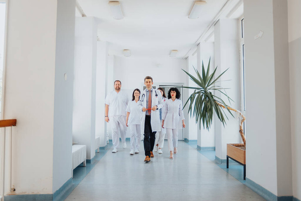 Groep zelfverzekerde artsen die in een ziekenhuisgang lopen en hun professionaliteit en toewijding aan de gezondheidszorg tonen. - Foto, afbeelding