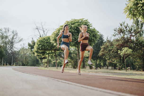 Filles Fit s'inspirant mutuellement pour un jogging en plein air dans un parc vert - Photo, image