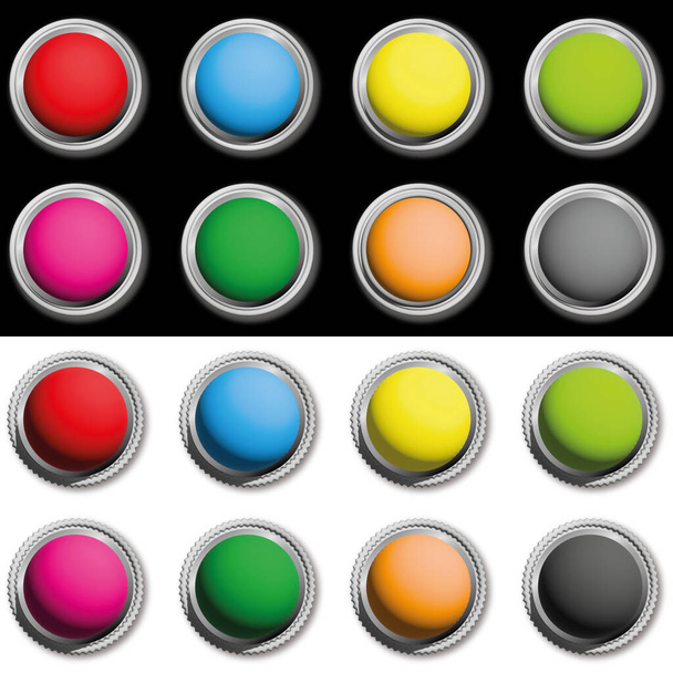Διάνυσμα παραλλαγή του ασημί πολύχρωμα κουμπιά. Εικονογράφηση κενών κουμπιών με σκιές σε βασικά χρώματα παλέτας με στρογγυλές ή κυματοειδείς άκρες, απομονωμένες. - Διάνυσμα, εικόνα