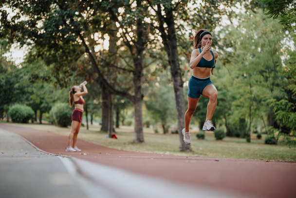 Fit girls jogging dans un parc vert, inspirant par leur athlétisme et leur mode de vie actif. Adoptez le plein air, trouvez la motivation et poursuivez vos objectifs de remise en forme en pleine nature. - Photo, image