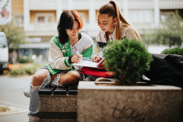 Dois jovens amigos estudando juntos ao ar livre, se engajando em aprendizagem remota e discutindo assuntos escolares - Foto, Imagem