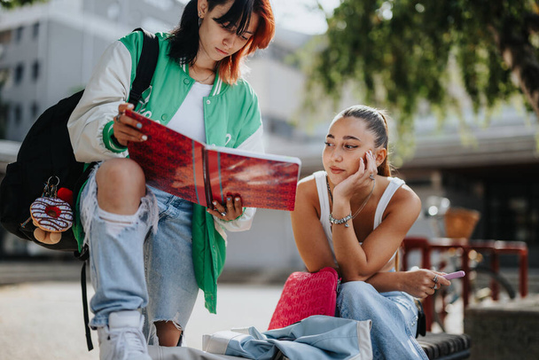Dos chicas de secundaria colaborando en un proyecto escolar al aire libre en la ciudad. Están estudiando juntos, preparándose para un examen y trabajando en mejorar sus calificaciones. - Foto, Imagen