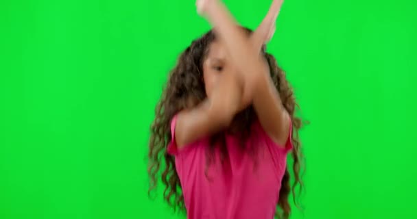 Girl child, green screen and face with celebration, sports emoji or meme with shout, happy and freedom. Young female child, celebrate and win with funny sport icon, yes and excited with mockup space. - Footage, Video