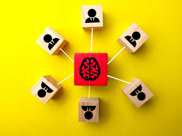 Wooden block with brain and worker icons. the concept of mind control - Photo, Image