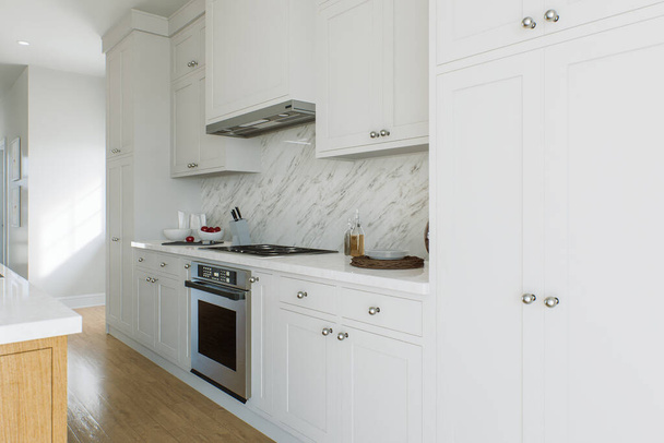 Kuchnia z białymi szafkami, sprzętem kuchennym i drewnianymi podłogami. Ściana kuchenna z naczyniami. Renderowanie 3D - Zdjęcie, obraz