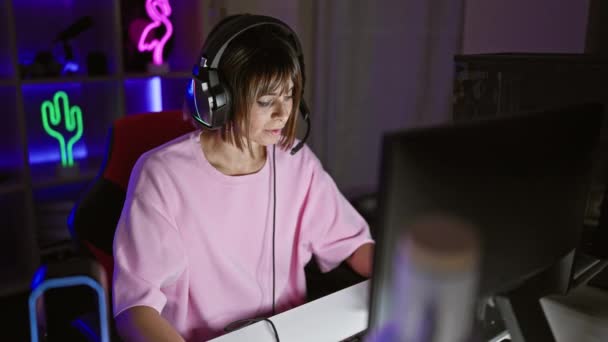 Stunning young hispanic woman, arms crossed, effortlessly gaming away in her beloved dark room! microphone on, video game streaming live. - Footage, Video