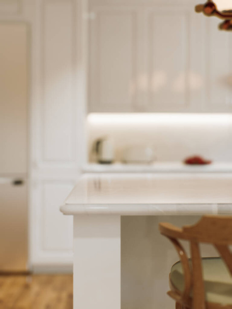 Kitchen white countop with white marble, with blurred bokeh background. Презентация товара в кухонном интерьере на поверхности столешницы. 3D рендеринг - Фото, изображение