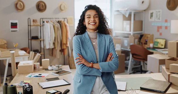 Businesswoman, confident and smile in office for logistics, warehouse or distribution startup in fashion. Portrait, female designer or happy with customer purchase for shipping, e commerce or retail. - Photo, Image