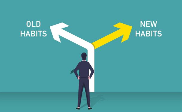 Old habits vs new habits concept, businessman standing in front of arrow written old vs new habits, dilemma choice, positive thinking and motivation to change better - Vector, Image
