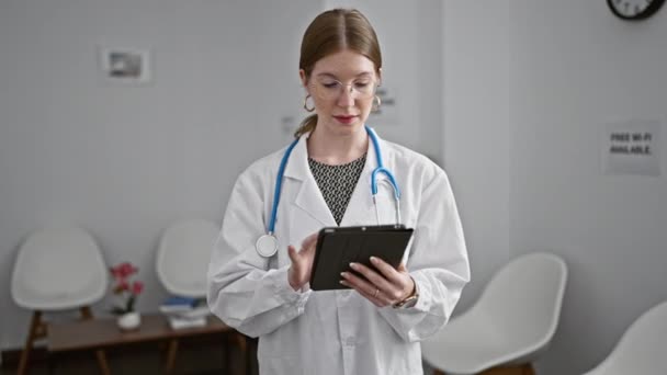 Jonge blonde vrouw arts met behulp van touchpad vragen voor iemand in kliniek wachtkamer - Video