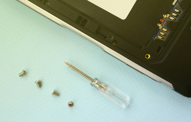 A small screwdriver and a few screws on a blue background. Tools for the repair and disassembly of modern smartphones and mobile devices - Fotografie, Obrázek