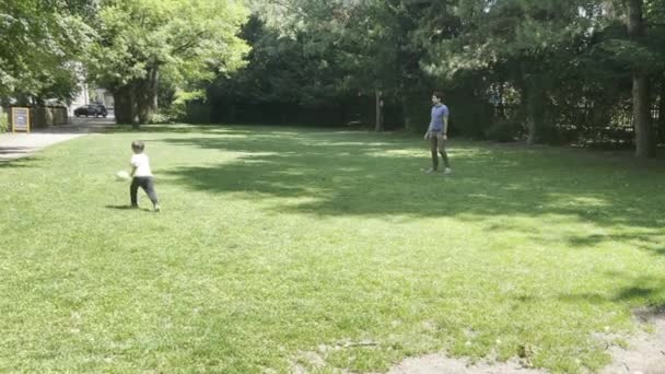 Lapsi pelaa palloa isän kanssa aurinkoisella nurmikentällä, liimaus ja hauskaa - Materiaali, video