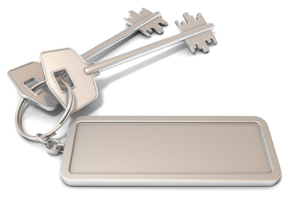 Two door keys and rectangular blank label on ring. 3D illustration, isolated on white background - Fotografie, Obrázek