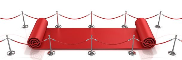 Red carpet unrolling concept on white background - Zdjęcie, obraz