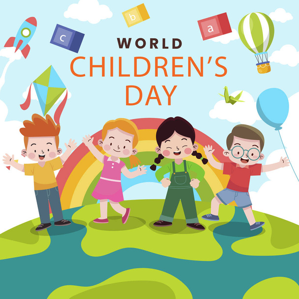 ホワイトバックグラウンドで遊ぶ子供たちと世界の子供の日のお祝い. フラットスタイルのベクトルイラスト - ベクター画像