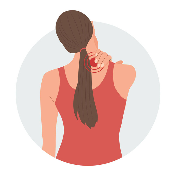 Mujer con dolor en las vértebras cervical y lumbar. Dolor de espalda, dolor muscular, osteoartritis, artritis reumatoide. Medicina. Ilustración, vector - Vector, Imagen