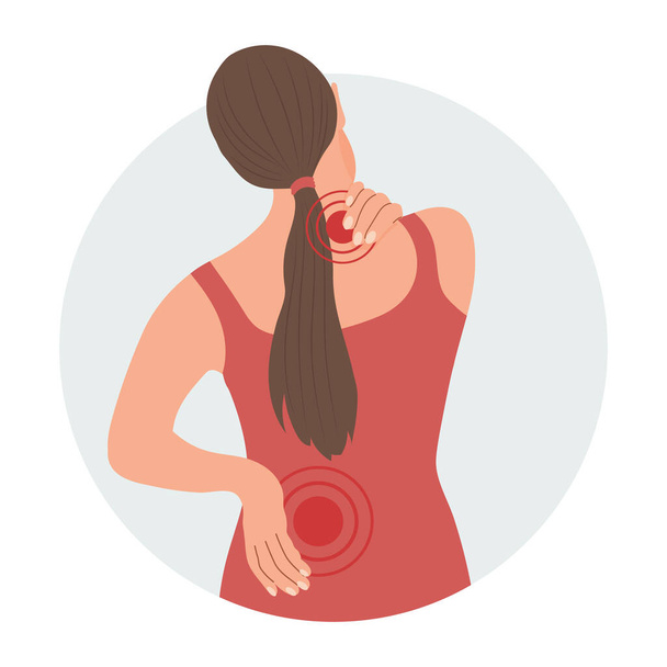 Servikal ve bel omurlarında ağrı olan bir kadın. Sırt ağrısı, kas ağrısı, osteoartrit, romatoid artrit. İlaçlar. Görüntü, vektör - Vektör, Görsel