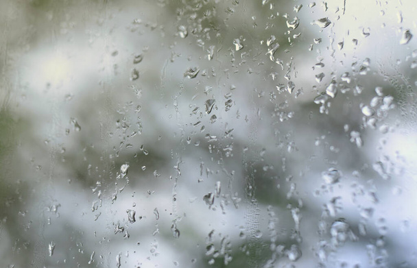 ein Foto von Regentropfen auf das Fensterglas mit verschwommenem Blick auf die blühenden grünen Bäume. abstraktes Bild, das trübes und regnerisches Wetter zeigt - Foto, Bild