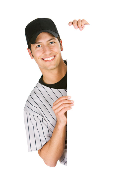 Baseball: Cheerful Player Behind White Card - Foto, afbeelding