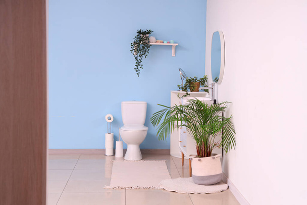 Інтер'єр туалетної кімнати з унітазом, полицею і раковиною - Фото, зображення