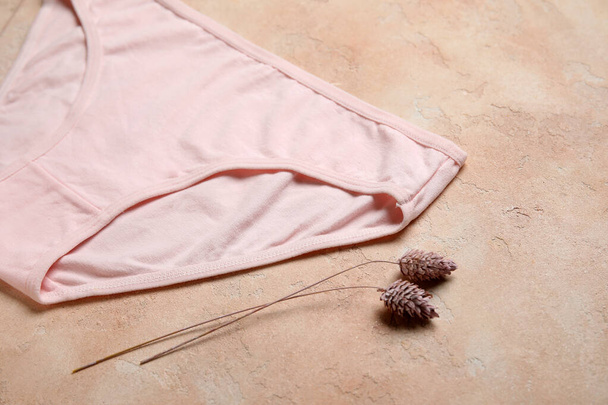 Stylové ženské kalhotky a sušené květiny na barevném pozadí, detailní záběr - Fotografie, Obrázek