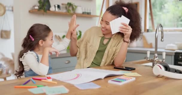 High five, homework cards and a mother teaching her daughter in the living room of their home for distance learning. Kids, remote or private education with woman teacher and student success in house. - Footage, Video