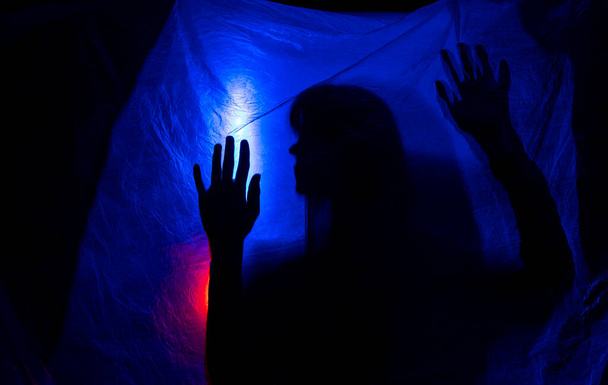 Silhouette Frau hinter blauem Licht posiert geheimnisvoll und künstlerisch - Foto, Bild